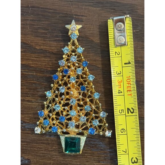 Vintage Gold-Tone Christmas Tree Brooch With Green & Blue Rhinestones - Picture 2 of 3